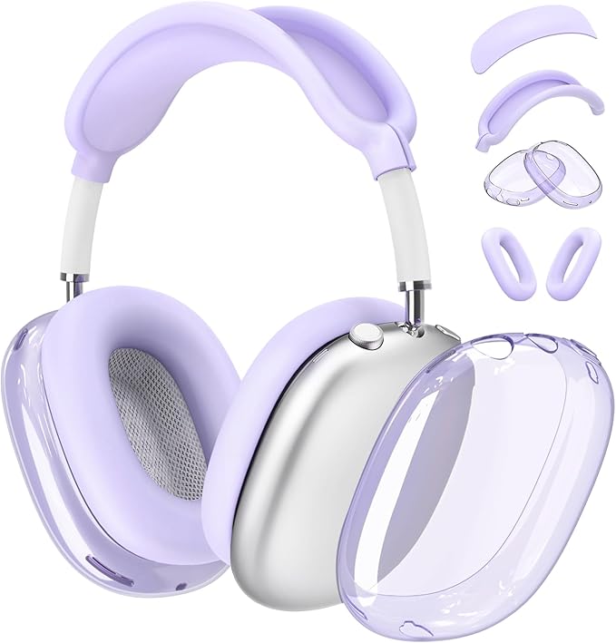 4 in 1 Set for AirPod Max Case Cover, Anti-Scratch Ear Pad Covers/Ear Cups Cover/Headband Cover, AirPod Max Covers Accessories for Apple AirPods Max (2020 Lightning /2024 USB-C)-Clear Purple