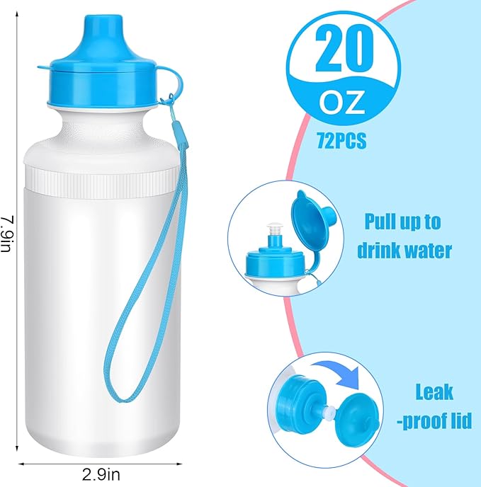 72 Pcs Reusable Water Bottles Bulk 20 oz Squeeze Plastic Sports Water Bottles with Nylon Strap Leak Proof Blank DIY Cups for Travel Hiking Cycling Sport Event Team Gifts