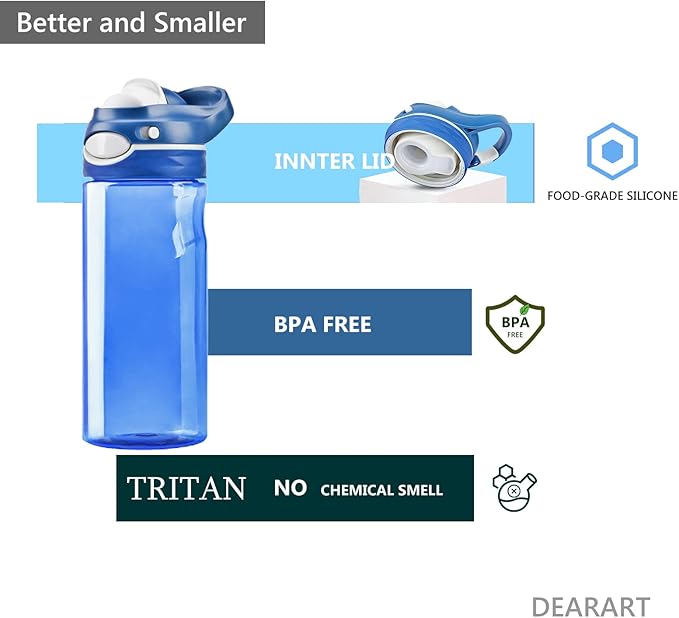 DEARART 2-Pack Blue and Grey Water Bottles No Straw, 100% Leakproof Lockable Button Flip Up Lid Clear Bottle, Has Handle Easy Carry for Sport Office School, 20oz.