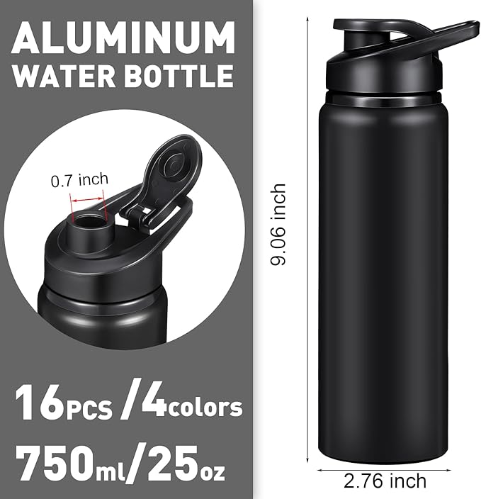 Mimorou 16 Pack Aluminum Water Bottles with Snap Lid Aluminum Reusable Sports Lightweight Leak Proof Water Bottles Bulk for Gym Hiking Cycling Sports Outdoor(25 oz)