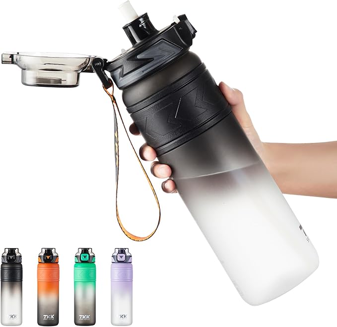 TKK Sports Water Bottles with Removable Straw 34 oz Leak-proof Flip Top Lid BPA Free Tritan Bottles with Strap for School, Fitness, Gym, Outdoor, Black-White