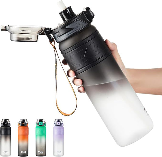 TKK Sports Water Bottles with Removable Straw 34 oz Leak-proof Flip Top Lid BPA Free Tritan Bottles with Strap for School, Fitness, Gym, Outdoor, Black-White