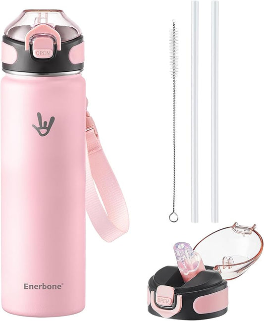 Enerbone 24 oz Insulated Water Bottle, Stainless Steel Bottle with Carrying Strap, Double-Wall Vacuum Insulation Design, Leakproof Sports Bottle with Straw, Keep Drinks Cold or Hot for Hours