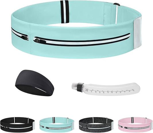 Running Belt for Women and Men, Adjustable Fanny Packs No Bounce Phone Holder for Running with Water Bottle & Headband, Waterproof Reflective Waist Packs for Runner Fits All Phones (M-Blue)