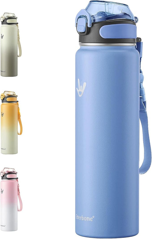 Enerbone 32 oz Insulated Water Bottle, Stainless Steel Bottle with Carrying Strap, Double-Wall Vacuum Insulation Design, Leakproof Sports Bottle with Straw, Keep Drinks Cold or Hot for Hours