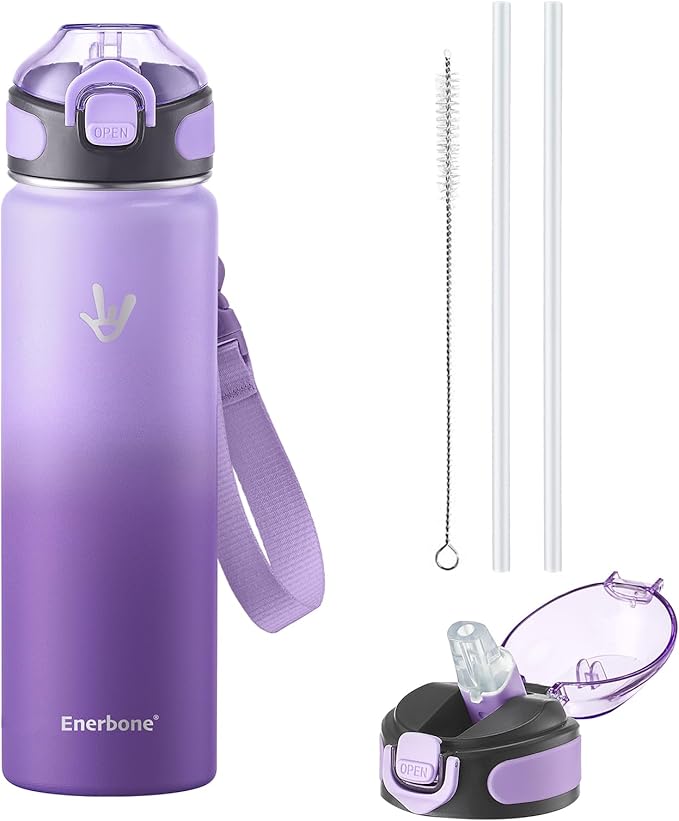 Enerbone 24 oz Insulated Water Bottle, Stainless Steel Bottle with Carrying Strap, Double-Wall Vacuum Insulation Design, Leakproof Sports Bottle with Straw, Keep Drinks Cold or Hot for Hours