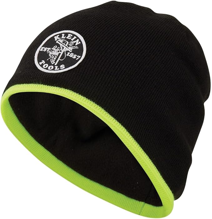 Klein Tools 60391 Knit Beanie, Thermal Fleece Winter Hat, Windproof, Fits under Helmets, Black with High-Visibility Yellow Band Trim