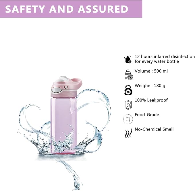 DEARART 2-Pack Pink & Sky Blue Water Bottles, 20oz Capacity Clear Bottles with Handle, 100% Leakproof Auto Spout No Straw, Suit Office Work Travel School Gym etc.