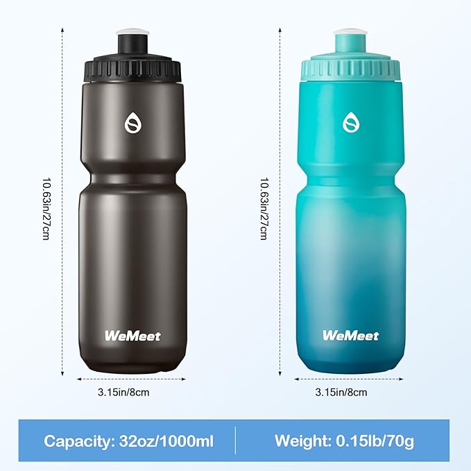 2-Pack Bike Water Bottle with Bite Valve, BPA Free, Fits Most Bike Cages, for Hiking, Bicycle Squeeze Sport Water Bottle for Riding, Hiking (Black & Green Blue, 32oz)