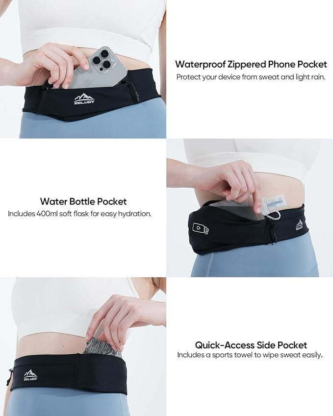 Running Belt with 400ml Soft, Adjustable Running Fanny Pack with Phone Holder and Gym Towel, Waterproof Belt Bag for Women Men for Jogging Hiking Marathon (Pink, Medium)