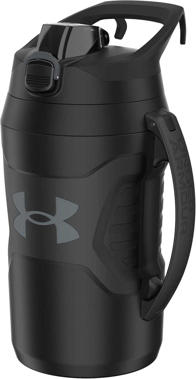 Under Armour Half Gallon Water Bottle Insulated, 64oz Insulated Water Bottle with Handle, Fence Hook, Leak Resistant, for Baseball, Football & More, Black/Black