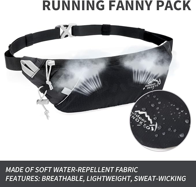 INOXTO Slim Running Belt Fanny Pack for Women and Men Sports Waist Bag Pack with 300ml Water Bottle for Running Walking Cycling Hiking Reflective Running Pouch Belt for All Phones (Black) (Black)