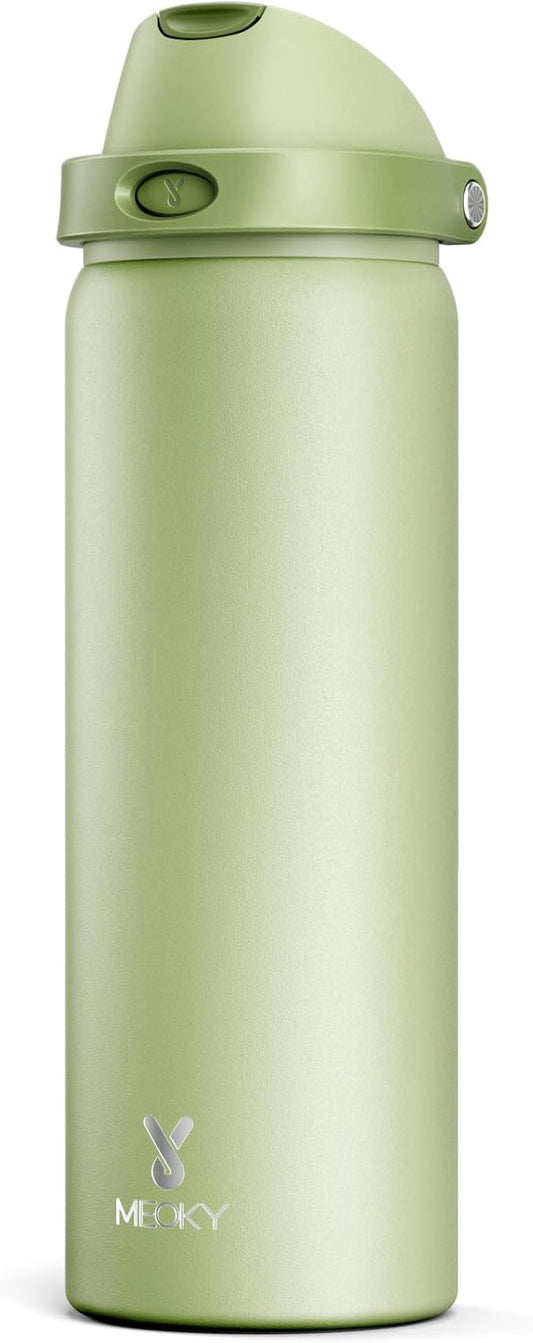 32 oz Insulated Water Bottle with Straw: Meoky Stainless Steel Metal Water Bottle with 2-in-1 Lid - Leak Proof, Cold for 24 Hours, Protective Silicone Base, BPA-Free for Sports Gym, Sage
