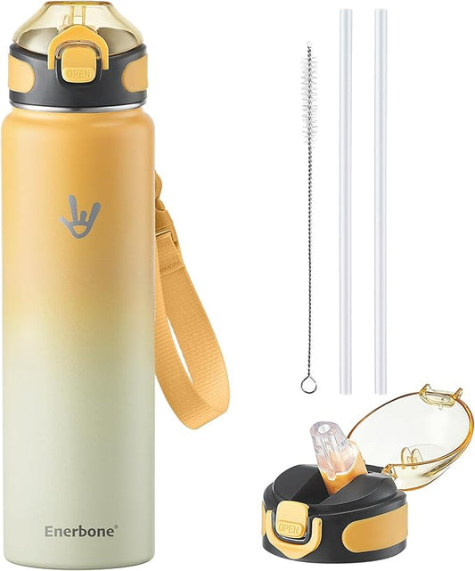 Enerbone 32 oz Insulated Water Bottle, Stainless Steel Bottle with Carrying Strap, Double-Wall Vacuum Insulation Design, Leakproof Sports Bottle with Straw, Keep Drinks Cold or Hot for Hours
