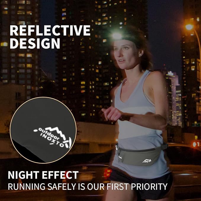 INOXTO Slim Running Belt Fanny Pack for Women and Men Sports Waist Bag Pack with 300ml Water Bottle for Running Walking Cycling Hiking Reflective Running Pouch Belt for All Phones (Black) (Gray)