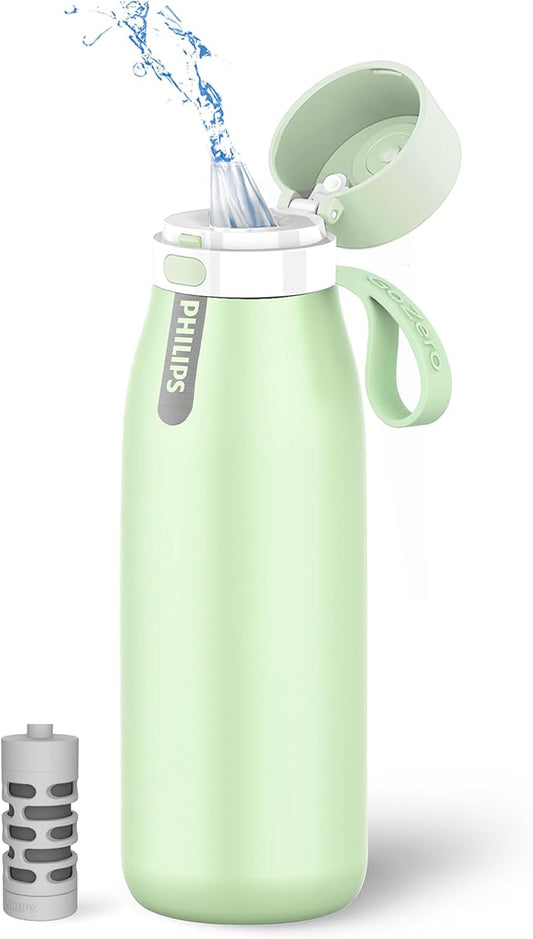 PHILIPS Water Bottle with Filter, Filter Water Bottle Stainless Steel with GoZero Everyday BPA-Free Tap Water Filter, Water Filter Bottle Keep Drink Cold 24 Hours, 1 Filter for 40 gal / 2 Months