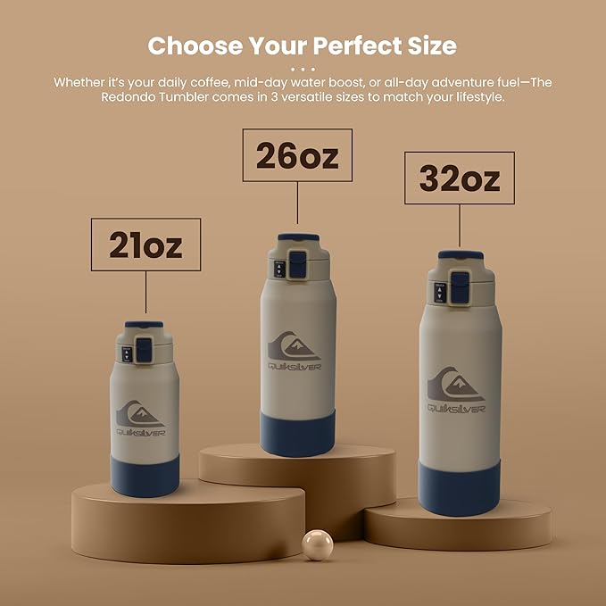 Quiksilver Redondo 21oz Double Wall Stainless Steel Water Bottle, Reusable Sports Bottle with Leak-Proof Lid, Non-Slip Rubber Base, Carrier Handle, insulated Tumblers, 24H Hot & Cold Beverage