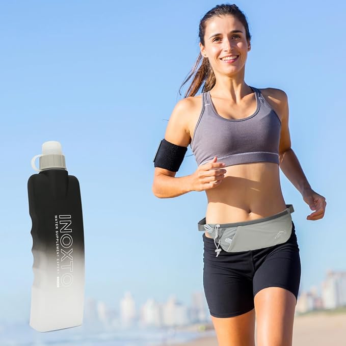 INOXTO Slim Running Belt Fanny Pack for Women and Men Sports Waist Bag Pack with 300ml Water Bottle for Running Walking Cycling Hiking Reflective Running Pouch Belt for All Phones (Black) (Gray)