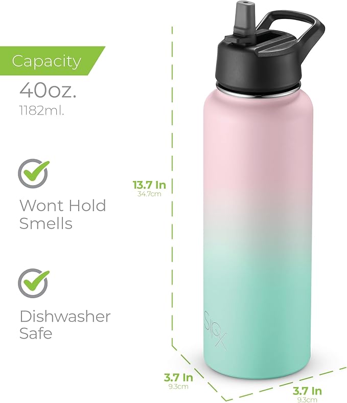 SIPX™ 40 oz Insulated Water Bottle with 3 Lids – Leakproof Stainless Steel, Triple Insulated – Cold 24 Hours/Hot 12 Hours – Durable Bottle for School, Gym, Travel – Gradient Mint Pink