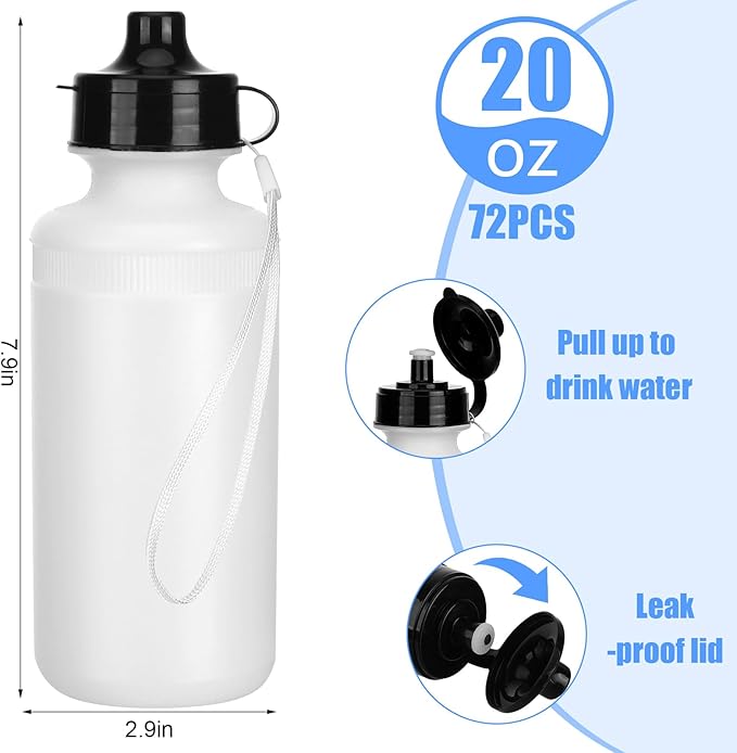 72 Pcs Reusable Water Bottles Bulk 20 oz Squeeze Plastic Sports Water Bottles with Nylon Strap Leak Proof Blank DIY Cups for Travel Hiking Cycling Sport Event Team Gifts