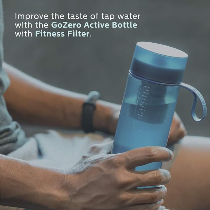 Philips Water GoZero Active BPA-Free Water Bottle with Fitness Tap Water Filter, Sport Squeeze Water Bottle, Lightweight, 24 oz with Fitness Filter, Blue
