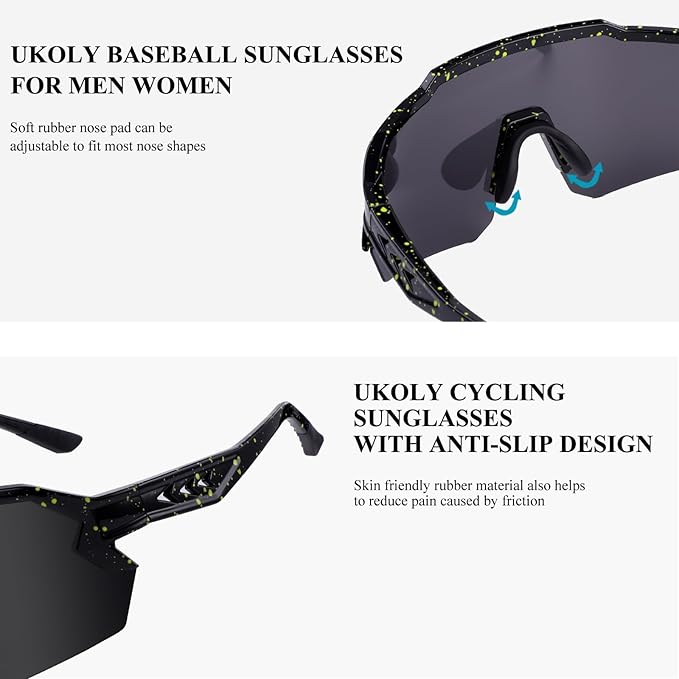 Ukoly Baseball Sunglasses For Men Women,Sports Sunglasses For Baseball Running Cycling UV400 protection TR90 Frame 615