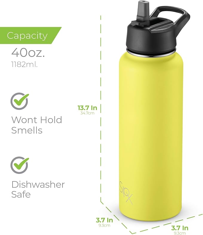SIPX™ 40 oz Insulated Water Bottle with 3 Lids – Leakproof Stainless Steel, Triple Insulated – Cold 24 Hours/Hot 12 Hours – Durable Bottle for School, Gym, Travel – Yellow