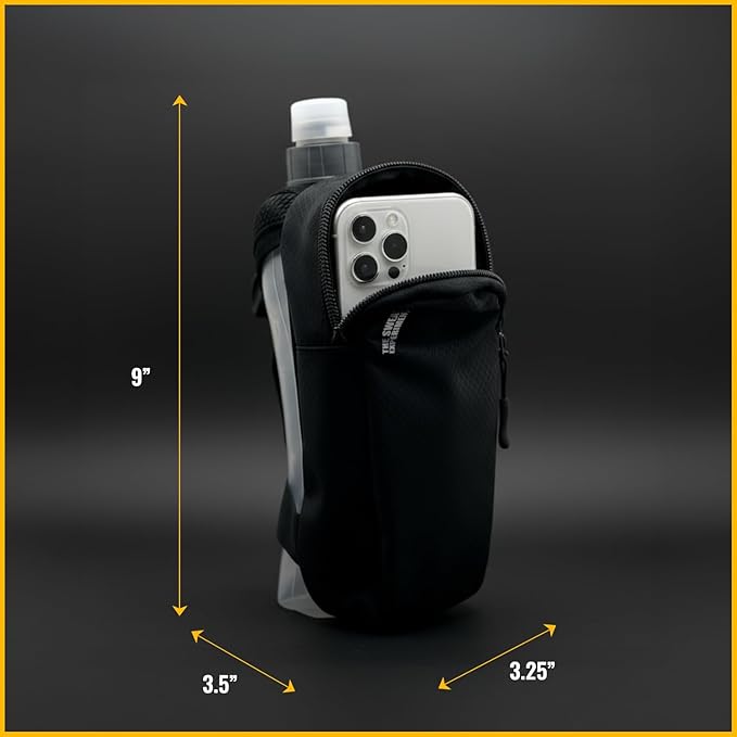 Handheld Running Water Bottle with Large Phone Holder – 12oz Grip-Free Hydration Flask with Pocket for Cards & Keys – Adjustable Strap for Walking, Running, Hiking, Marathons