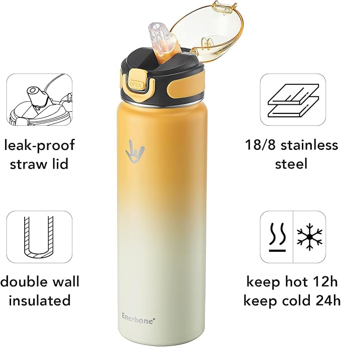 Enerbone 24 oz Insulated Water Bottle, Stainless Steel Bottle with Carrying Strap, Double-Wall Vacuum Insulation Design, Leakproof Sports Bottle with Straw, Keep Drinks Cold or Hot for Hours