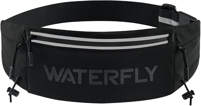 WATERFLY Running Belt Fanny Pack: Breathable 3 Pocket Waist Bag for Men Women Workout Exercise Fitness Phone Holder Fits All Phones - Runner Marathon Jogging Race Belt with Bib Clip Black