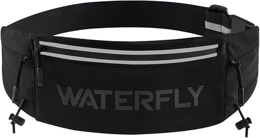 WATERFLY Running Belt Fanny Pack: Breathable 3 Pocket Waist Bag for Men Women Workout Exercise Fitness Phone Holder Fits All Phones - Runner Marathon Jogging Race Belt with Bib Clip Black