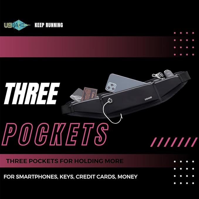 USHAKE Slim Running Belt, Workout Fanny Pack for Men Women,Exercise Waist Pack for Apple iPhone Holder, Runner Belt for Running Walking Cycling Camping Gym Black