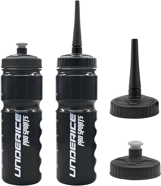 UICE Hockey Water Bottle 25.3oz 2 Pack - Leakproof Sport Water Bottles with Short/Long Nozzle Lids for Hockey/Lacrosse/Baseball/Softball/Football/Fitness,Black