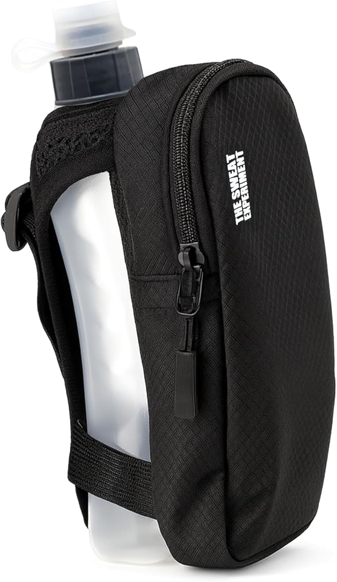 Handheld Running Water Bottle with Large Phone Holder – 12oz Grip-Free Hydration Flask with Pocket for Cards & Keys – Adjustable Strap for Walking, Running, Hiking, Marathons