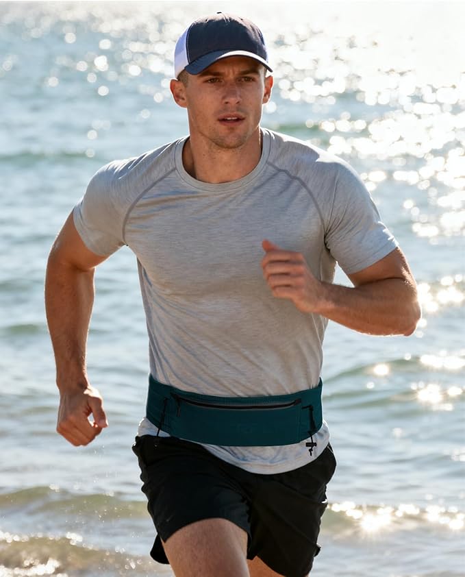 WATERFLY Running Belt Fanny Pack: Breathable 3 Pocket Waist Bag for Men Women Workout Exercise Fitness Phone Holder Fits All Phones - Runner Marathon Jogging Race Belt with Bib Clip Green