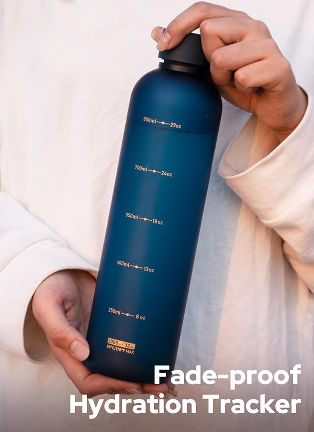 Opard Slim Water Bottle 32oz, Dishwasher Safe Plastic Water Bottle BPA-Free, Leakproof Screw Top, Midnight Blue, Reusable for Travel School Sport Gym Hiking