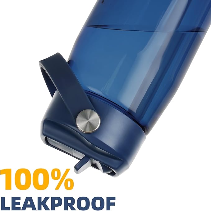 OLDLEY 32 oz Water Bottle with Straw, Leakproof Sports Water Bottle with Carry Strap, BPA-Free Large Water Bottles for Home,Travel, School, Outdoors, Gym, Tritan, Navy Blue