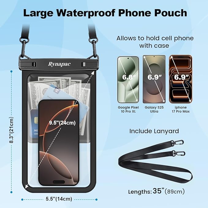 2 Pack Waterproof Phone Pouch - 10in Waterproof Phone Case with Lanyard, IPX8 Cellphone Dry Bag Beach Essentials for iPhone 16 15 14 Pro Max, Galaxy S25 S24 S23 Ultra, Cruise Ship Essentials