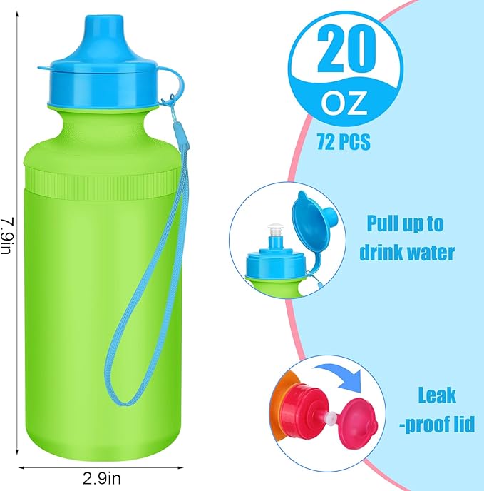 72 Pcs Reusable Water Bottles Bulk 20 oz Squeeze Plastic Sports Water Bottles with Nylon Strap Leak Proof Blank DIY Cups for Travel Hiking Cycling Sport Event Team Gifts