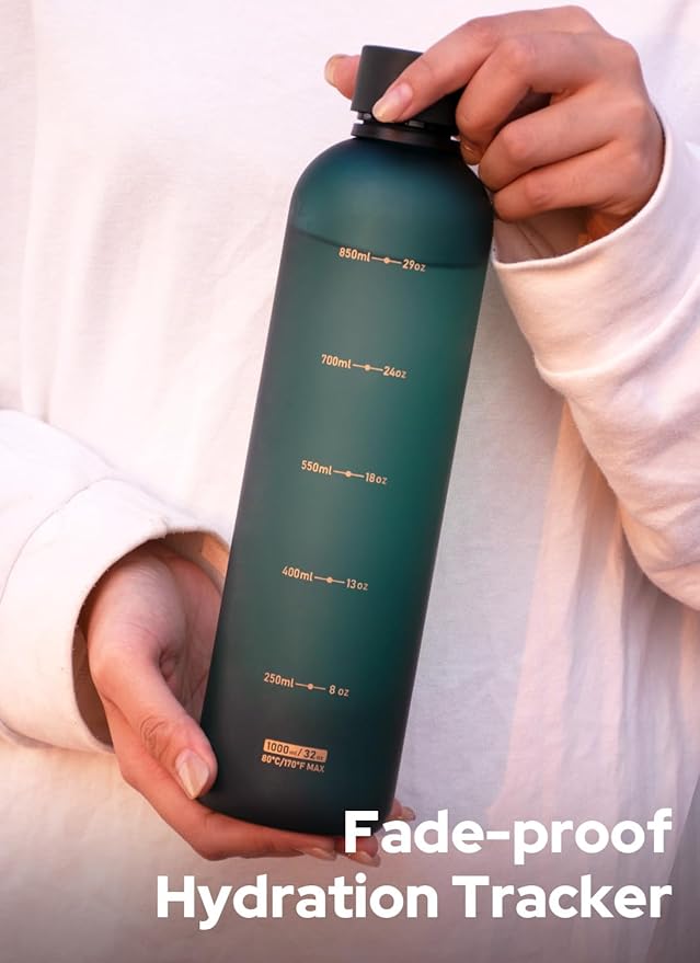 Opard Slim Water Bottle 32oz, Dishwasher Safe Plastic Water Bottle BPA-Free, Leakproof Screw Top, Forest Green, Reusable for Travel School Sport Gym Hiking