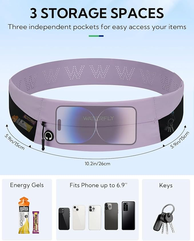 WATERFLY Running Belt Fanny Pack: Slim Waist Bag for Men Women, Workout Fitness Phone Holder for Exercise Marathon Jogging-Purple