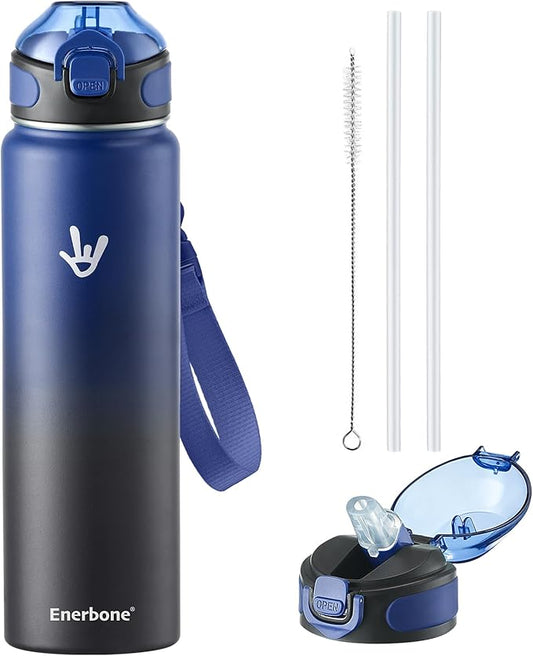 Enerbone 32 oz Insulated Water Bottle, Stainless Steel Bottle with Carrying Strap, Double-Wall Vacuum Insulation Design, Leakproof Sports Bottle with Straw, Keep Drinks Cold or Hot for Hours