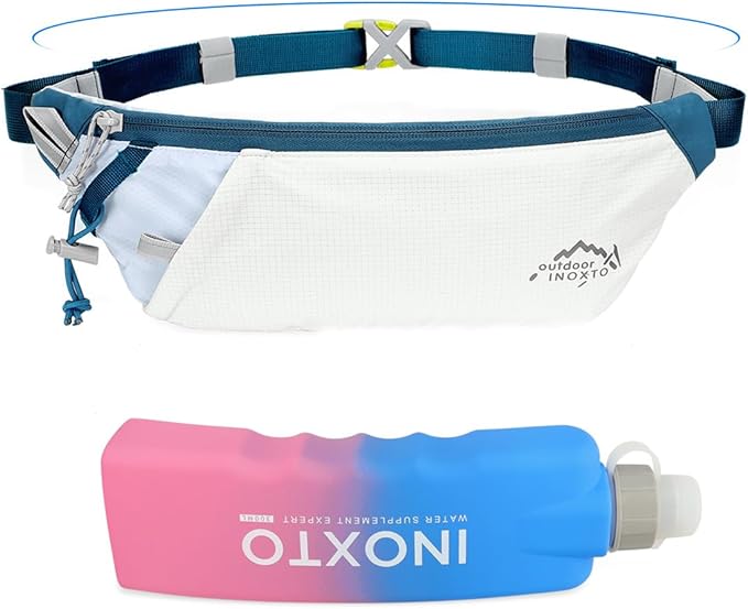 INOXTO Slim Running Belt Fanny Pack for Women and Men Sports Waist Bag Pack with 300ml Water Bottle for Running Walking Cycling Hiking Reflective Running Pouch Belt for All Phones (Black) (White Blue)