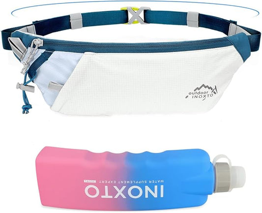 INOXTO Slim Running Belt Fanny Pack for Women and Men Sports Waist Bag Pack with 300ml Water Bottle for Running Walking Cycling Hiking Reflective Running Pouch Belt for All Phones (Black) (White Blue)