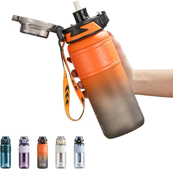 TKK Sports Water Bottles with Removable Straw 29 oz Leak-proof Flip Top Lid BPA Free Tritan Bottles with Strap for School, Fitness, Gym, Outdoor, Orange-Black