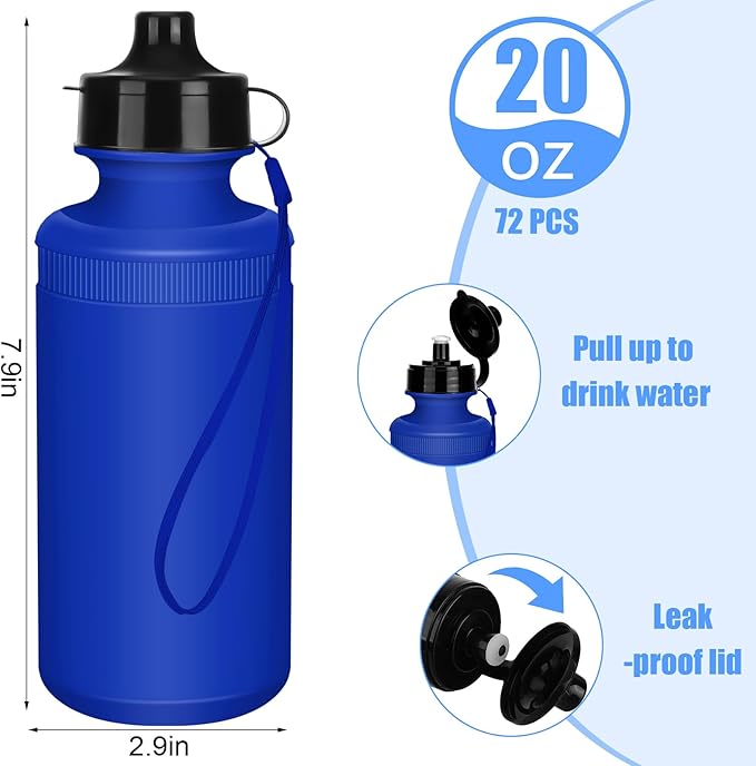 72 Pcs Reusable Water Bottles Bulk 20 oz Squeeze Plastic Sports Water Bottles with Nylon Strap Leak Proof Blank DIY Cups for Travel Hiking Cycling Sport Event Team Gifts