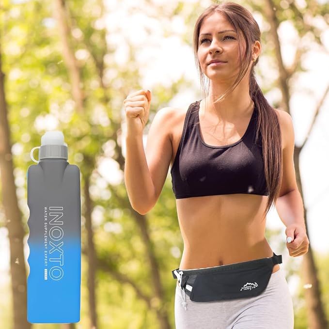 INOXTO Slim Running Belt Fanny Pack for Women and Men Sports Waist Bag Pack with 300ml Water Bottle for Running Walking Cycling Hiking Reflective Running Pouch Belt for All Phones (Black) (Black)