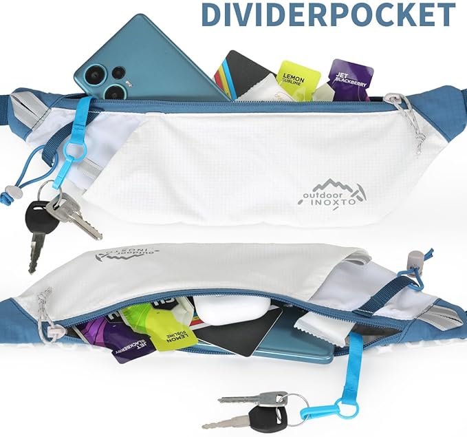 INOXTO Slim Running Belt Fanny Pack for Women and Men Sports Waist Bag Pack with 300ml Water Bottle for Running Walking Cycling Hiking Reflective Running Pouch Belt for All Phones (Black) (White Blue)