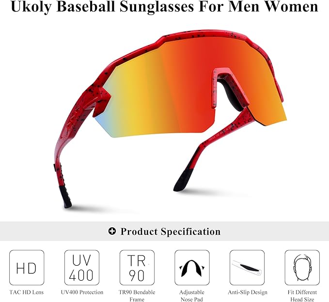 Ukoly Baseball Sunglasses For Men Women,Sports Sunglasses For Baseball Running Cycling UV400 protection TR90 Frame 615