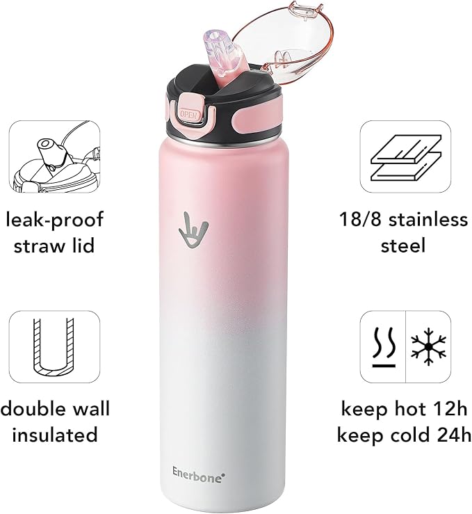 Enerbone 32 oz Insulated Water Bottle, Stainless Steel Bottle with Carrying Strap, Double-Wall Vacuum Insulation Design, Leakproof Sports Bottle with Straw, Keep Drinks Cold or Hot for Hours